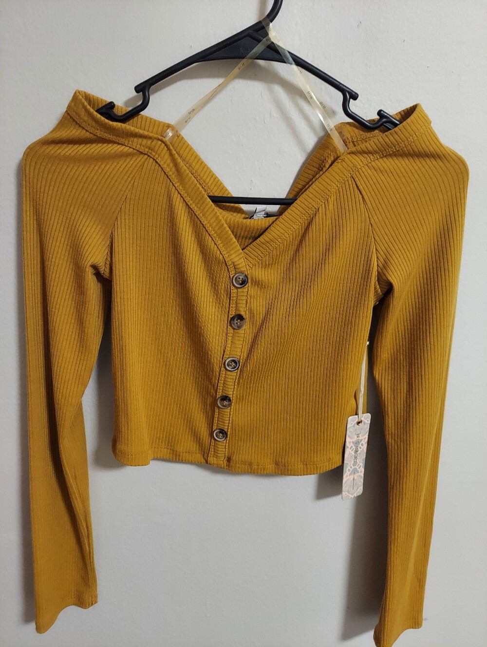 Iris Basic Mustard Ribbed Button-Front Off The Shoulder Long Sleeve Top